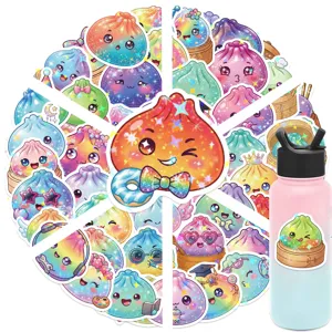 Colorful holographic dumpling stickers arranged in a collage, with one shown on a pink bottle