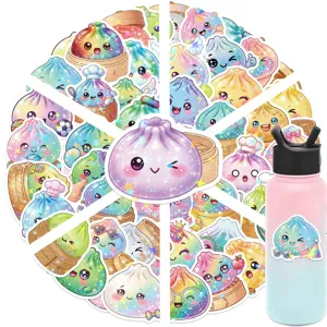 Colorful dumpling-shaped stickers with rainbow foil arranged in a circle, with one on a bottle