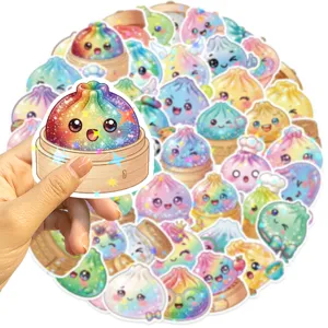 Close-up of colorful holographic cartoon dumpling stickers stacked on white, with one held by hand