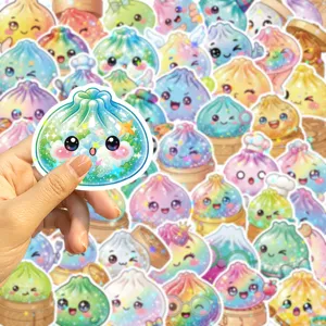 Hand holding a holographic glitter dumpling sticker among colorful cartoon designs