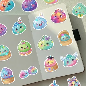 Colorful holographic bun character stickers with accessories arranged across an open notebook