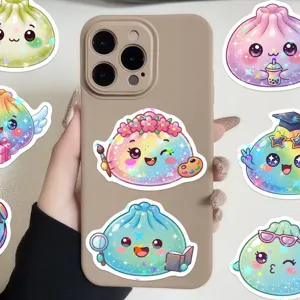 Rainbow dumpling stickers with sparkling stars decorate a beige phone case held in hand