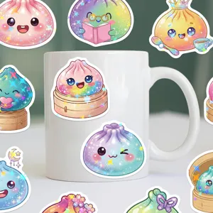 Close-up of glittery rainbow bao stickers decorating a white mug, with cute pastel cartoon designs