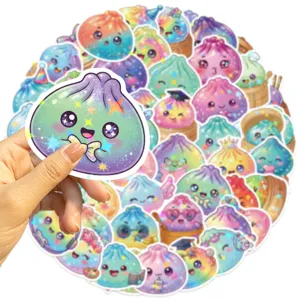 Rainbow holographic dumpling stickers, featuring a held-up design and an assortment behind it