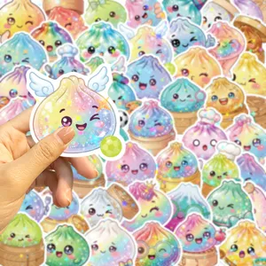 Holographic dumpling sticker with white wings and a green soccer ball, shown with colorful designs