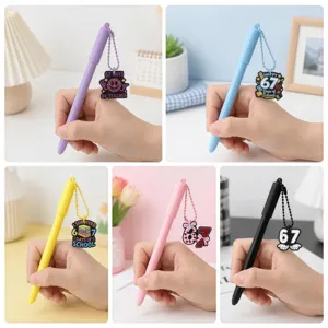 Five close-up views of hands holding colorful pens with beaded chains and 67 school charms