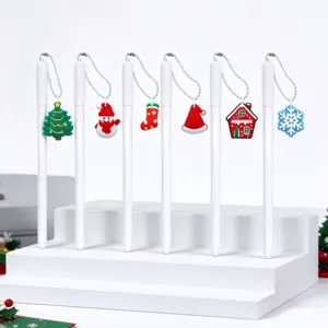 Christmas Cartoon White Gel Pen With Metal Bead Chain Pendants Cute Santa Snowman Pattern Bullet Tip Writing Pen Stationery Gift For Students Office