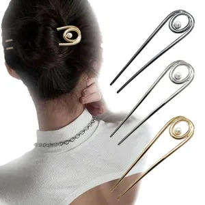 U-Shaped Metal Hair Pin Ginkgo Leaf Spiral Pearl Hair Fork Minimalist Elegant Alloy Updo Hair Sticks For Women Jewelry