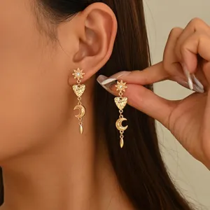 Orecchini Pendenti Lunghi Boemia Stella Luna Cuore Vintage Oro Nappa Strass Lega Perno in Acciaio Inossidabile Orecchini per Donna Gioielli Regalo