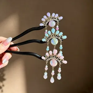 New Chinese Style Peking Opera Mask Wood Hairpin For Women Vintage Tassel Hair Stick Rhinestone Hair Accessory For Cheongsam Jewelry