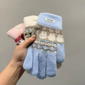 Damen Süße Tier Jacquard Strickhandschuhe Winter Warm Polyester Acrylmischung Thermofäustlinge Mit Hasen Fuchs Muster