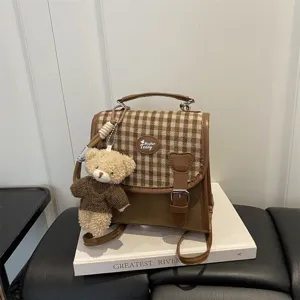 Retro Women Small Check Backpack PU Leather Patchwork Fashion School Bag With Removable Teddy Bear Charm Brown Crossbody Handbag
