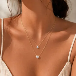 Elegante Edelstahl 18K Vergoldete Herz Wassertropfen Zirkonia Doppelschichtige Halskette Für Damen Minimalistischer Schmuck