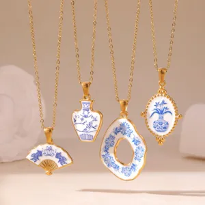 New Chinese Style Blue And White Porcelain Stainless Steel 18K Gold Plated Fan Vase Pendant Necklace Vintage Ethnic Jewelry For Women
