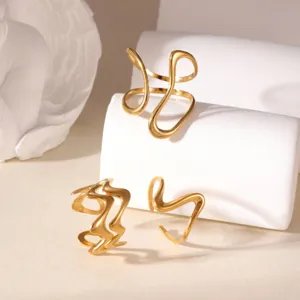 Minimalist 18K Gold Plated Stainless Steel Ring Set For Women Geometric Line Wave Open Adjustable Jewelry Banquet Daily Gift