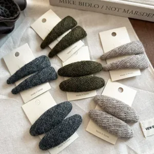 Korean Style Handmade Knitted Wool Hair Clips Vintage Solid Color Oval Triangle Snap Clips Autumn Winter Headwear For Women Girls