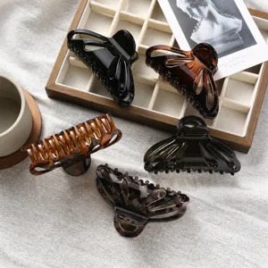 Pinza para el Cabello Elegante de Plástico PC Brillante Forma de Abanico Calada Minimalista Vintage Leopardo Pinza de Tiburón Grande para Mujer Accesorio Diario