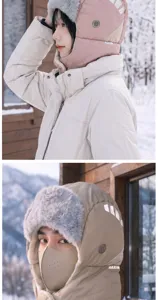Retratos en la nieve muestran capuchas rosas y beige con borde de pelo sintético y cubrebocas.