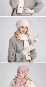 Montage de modèles portant des accessoires tricotés crème et rose avec des gants tactiles