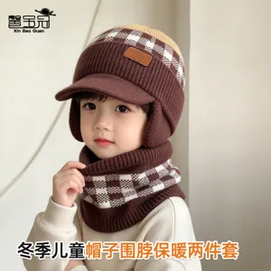Winter Kinder Strickmütze Schal Set Jungen Mädchen Karo Ohrenschutz Warm Beanie Schal Fleece Gefüttert Outdoor Kaltes Wetter
