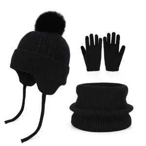 Kinder Winter Gebreide Muts Nekwarmer Handschoenen Driedelige Set Fleece Gevoerd Pompon Oorklep Muts Warme Set Voor Jongens Meisjes