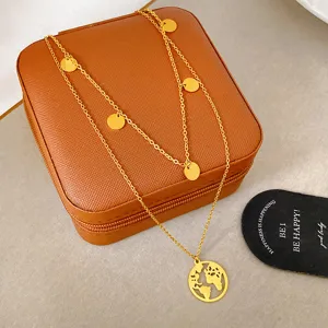 Titanium Steel World Map Pendant Necklace For Women Double Layer Gold Plated Geometric Round Disc Fashion Jewelry Daily Travel Gift