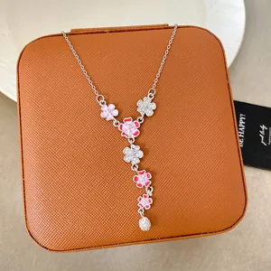 Fashion Gold Plated Copper Floral Pendant Necklace Enamel Flower Y-Necklace With Zirconia Inlaid Jewelry For Women Gift