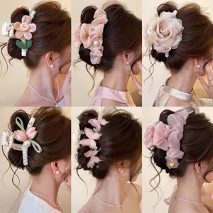Elegant Pink Flower Hair Claw Clip Large Resin Fabric Butterfly Shark Clip With Artificial Pearl For Women Updo Hair Accessory