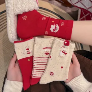 Women's Korean Sweet Cartoon Sheep Crew Socks Red White Striped Flocked Cotton Blend Mid-Calf Socks Festive Christmas New Year Gift