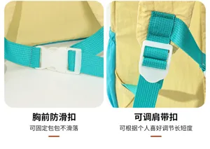 Gros plan sur la boucle de poitrine blanche et les sangles turquoise réglables du sac jaune