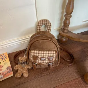 Sac à Dos Preppy Coréen à Carreaux pour Femmes en Cuir PU Vintage Sac d'École Petit Sac à Dos Décontracté Avec Pendentif Ours pour Étudiants