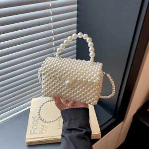 Sac à Main Femme en Acrylique à Perles Artificielles Tissé Design de Niche Petit Sac Bandoulière Carré Blanc pour Fête