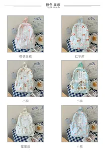 Six modèles de sacs à dos en grille, avec motifs de cerise, pomme, chien, chat, étoile et ours.