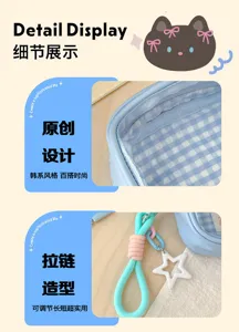 Vue détaillée de la doublure à carreaux bleus, du zip, du cordon turquoise et de la breloque étoile