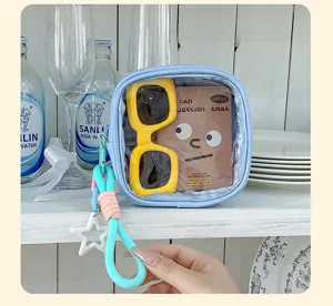 Gros plan sur une pochette en PVC transparent, bord bleu clair, étoile et lunettes jaunes