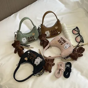 Sac Sous le Bras de Niche pour Femmes Broderie d'Ours en Velours Sac à Bandoulière Épaule Style Fille Petit Sac à Main Avec Pendentif Ours