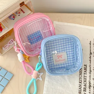 Trousse à Maquillage à Carreaux de Style Coréen pour Femme Fenêtre PVC Transparente Organisateur de Voyage Portable avec Étoile