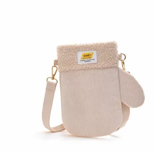 Sac beige en velours côtelé pour téléphone, rabat doux, sangle réglable et breloque lapin