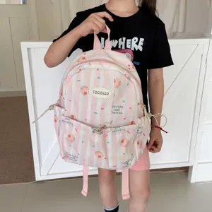Sac à dos enfant rose rayé, avec motifs de cupcake et de cerises, poche avant et fermeture zippée