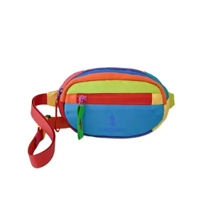 Sac banane multicolore pour enfant, avec sangle rouge réglable et fermeture zippée, vu de face