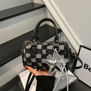 Women Fashion Denim Checkerboard Boston Bag Frayed Edges Handbag Personalized Star Pendant Crossbody Bag Trendy Girlish Barrel Bag