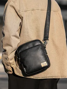 Japanese Style Minimalist Men Crossbody Bag Vintage PU Leather Shoulder Bag Large Capacity Waterproof Casual Messenger Bag Black