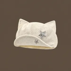 Japanische Süße Katzenohren Baskenmütze Damen Stern Dekor Maler Hut Wollmütze Winter Mode Accessoire Baskenmütze