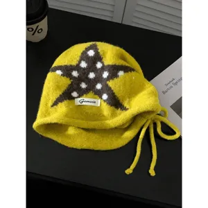 Retro Stern Polka Dot Strickmütze Slouchy Mütze Damen Winter Warme Ohrenschutz Beanie Slouchy Strick Skull Cap Große Kopfgröße