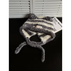 Niedliche Bärenohren Gestreifte Plüsch Strickmütze Damen Herbst Winter Warm Ohrenschutz Pullover Beanies Für Outdoor Alltag Lässig