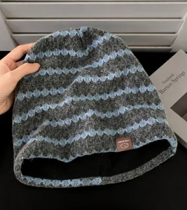 Women Retro Contrast Stripe Knitted Slouchy Beanie Autumn Winter Warm Fleece Lined Skull Cap Casual Soft Baggy Bonnet Hat
