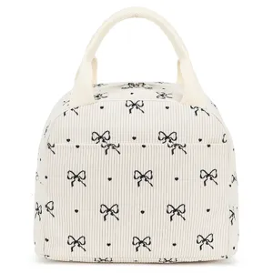 Sac à Déjeuner Isolé en Velours Côtelé Grande Capacité Imprimé Portable Sac Bento Avec Doublure en Aluminium Pour Bureau Pique-nique
