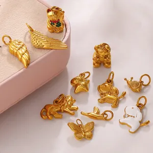 Amuleto de Animal de Acero Inoxidable Retro Chapado en Oro de 18K para Fabricación de Joyas DIY Colgante de Gato de la Suerte Perro León Mariposa para Collar Pulsera
