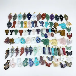 Natural Crystal Semi-precious Stone Alloy Rhinestone Carved Animal Leaf Shape Pendant Fashion Jewelry For Women Gift