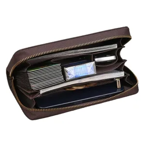 Dark brown men's long zip wallet with herringbone texture, open to show card slots and phone pocket
